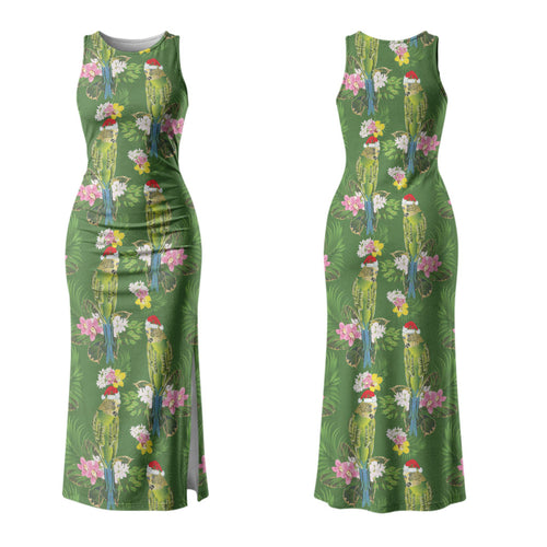 Aussie Santa Budgie Christmas Couples Matching Tank Maxi Dress and Long Sleeve Button Shirt Green Parakeet Tropical Floral LT9