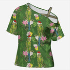 Aussie Santa Budgie Christmas Cross Shoulder Shirt Green Parakeet Tropical Floral