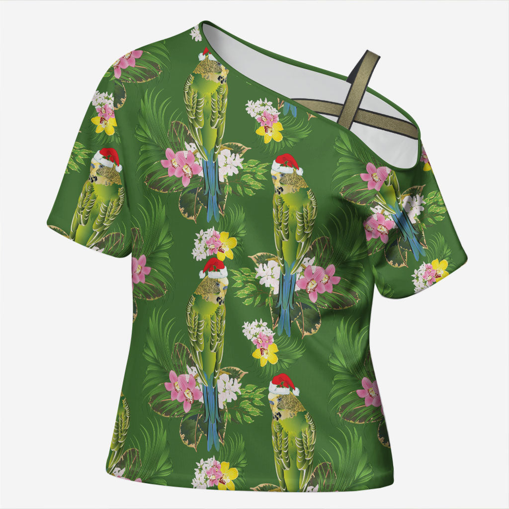Aussie Santa Budgie Christmas Cross Shoulder Shirt Green Parakeet Tropical Floral