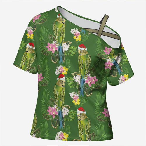 Aussie Santa Budgie Christmas Cross Shoulder Shirt Green Parakeet Tropical Floral