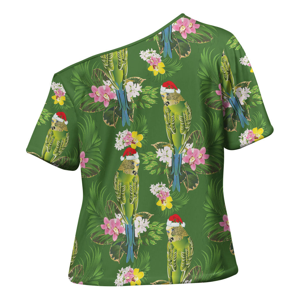 Aussie Santa Budgie Christmas Cross Shoulder Shirt Green Parakeet Tropical Floral