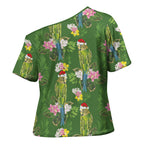 Aussie Santa Budgie Christmas Cross Shoulder Shirt Green Parakeet Tropical Floral