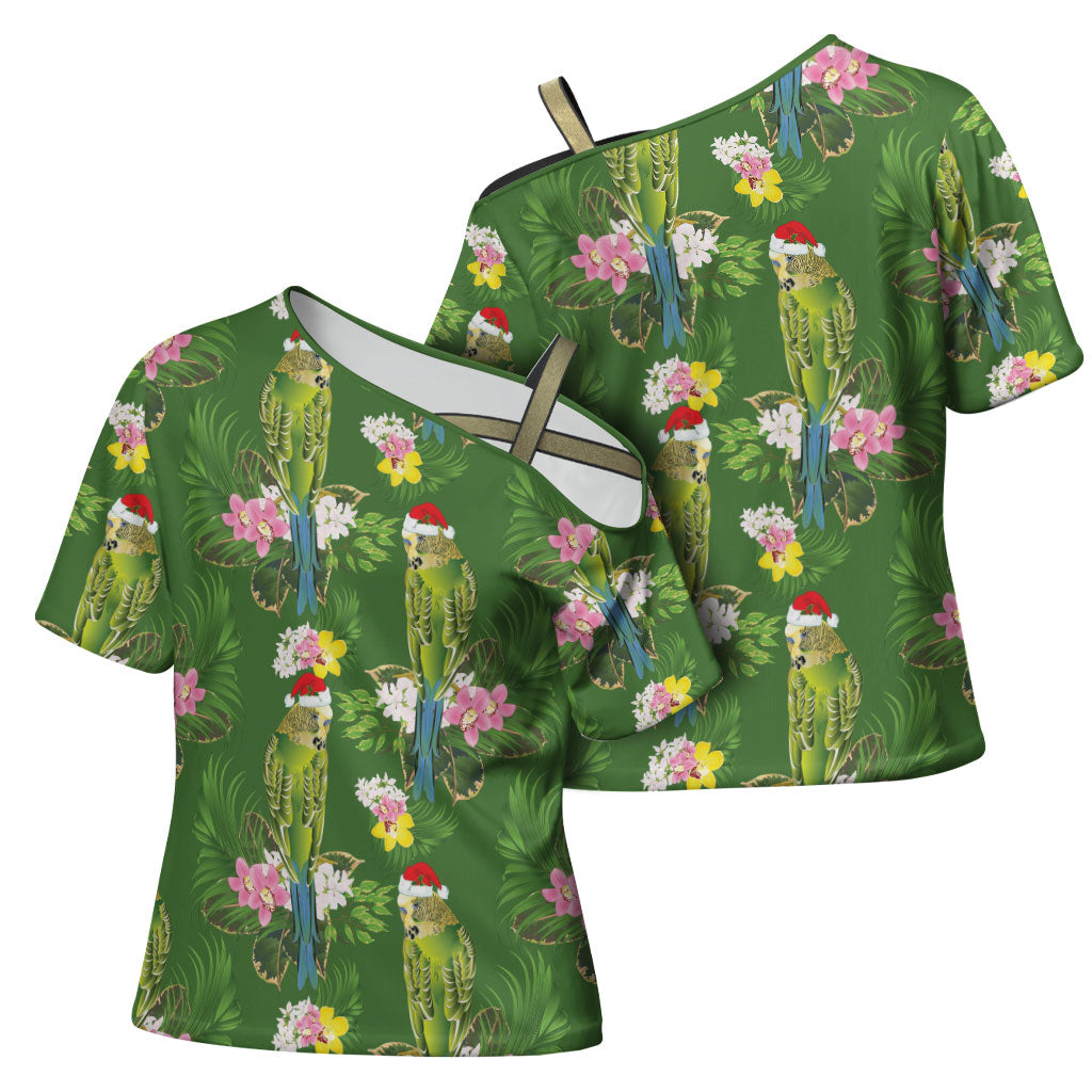 Aussie Santa Budgie Christmas Cross Shoulder Shirt Green Parakeet Tropical Floral