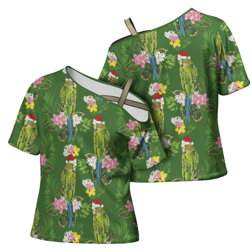 Aussie Santa Budgie Christmas Cross Shoulder Shirt Green Parakeet Tropical Floral