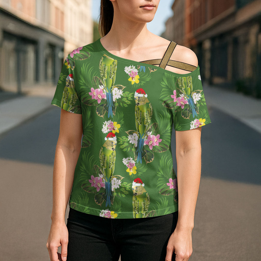 Aussie Santa Budgie Christmas Cross Shoulder Shirt Green Parakeet Tropical Floral