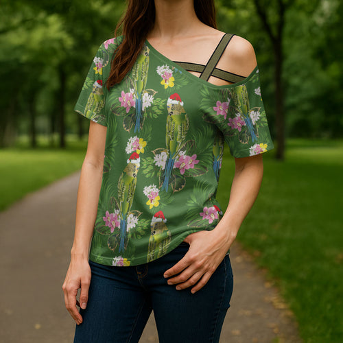 Aussie Santa Budgie Christmas Cross Shoulder Shirt Green Parakeet Tropical Floral