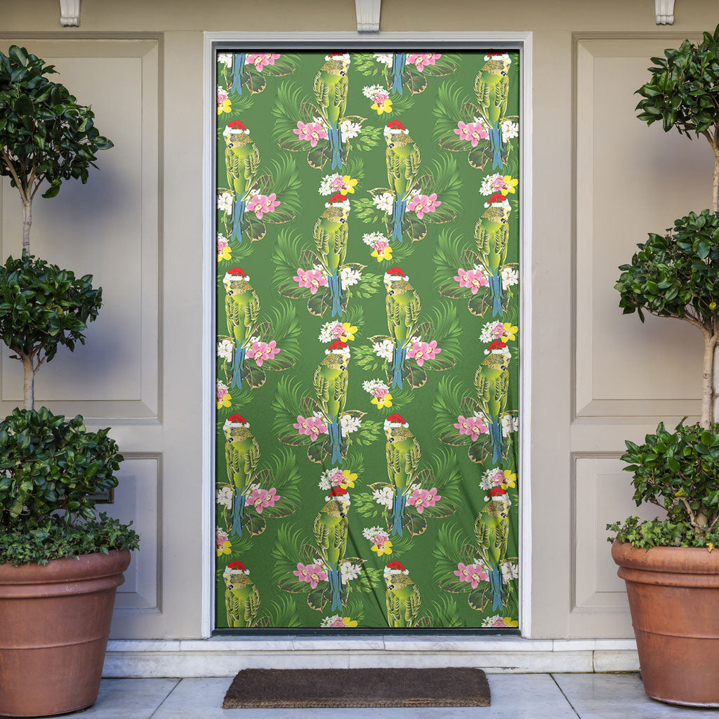 Aussie Santa Budgie Christmas Door Cover Green Parakeet Tropical Floral