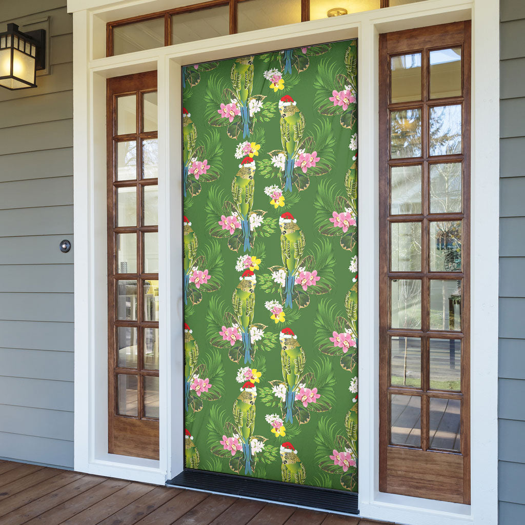Aussie Santa Budgie Christmas Door Cover Green Parakeet Tropical Floral
