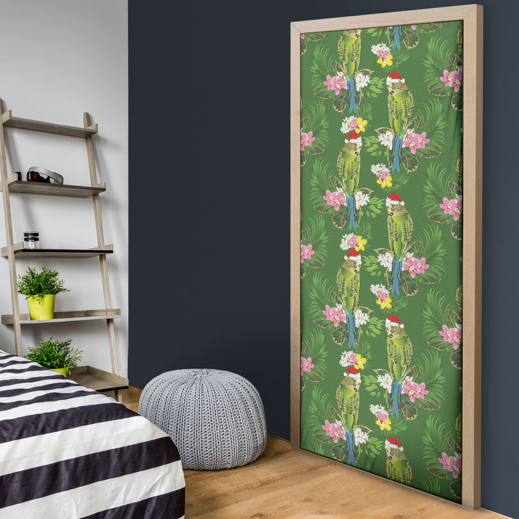 Aussie Santa Budgie Christmas Door Cover Green Parakeet Tropical Floral