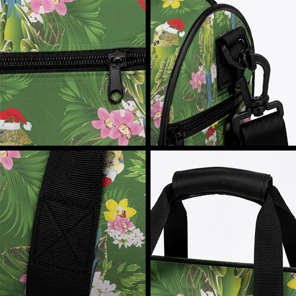 Aussie Santa Budgie Christmas Duffle Bag Green Parakeet Tropical Floral