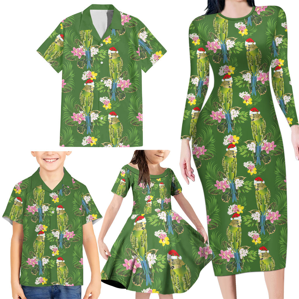 Aussie Santa Budgie Christmas Family Matching Long Sleeve Bodycon Dress and Hawaiian Shirt Green Parakeet Tropical Floral