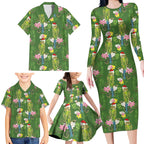 Aussie Santa Budgie Christmas Family Matching Long Sleeve Bodycon Dress and Hawaiian Shirt Green Parakeet Tropical Floral