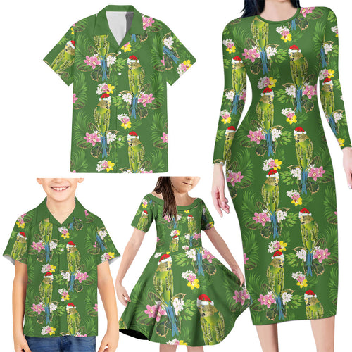 Aussie Santa Budgie Christmas Family Matching Long Sleeve Bodycon Dress and Hawaiian Shirt Green Parakeet Tropical Floral
