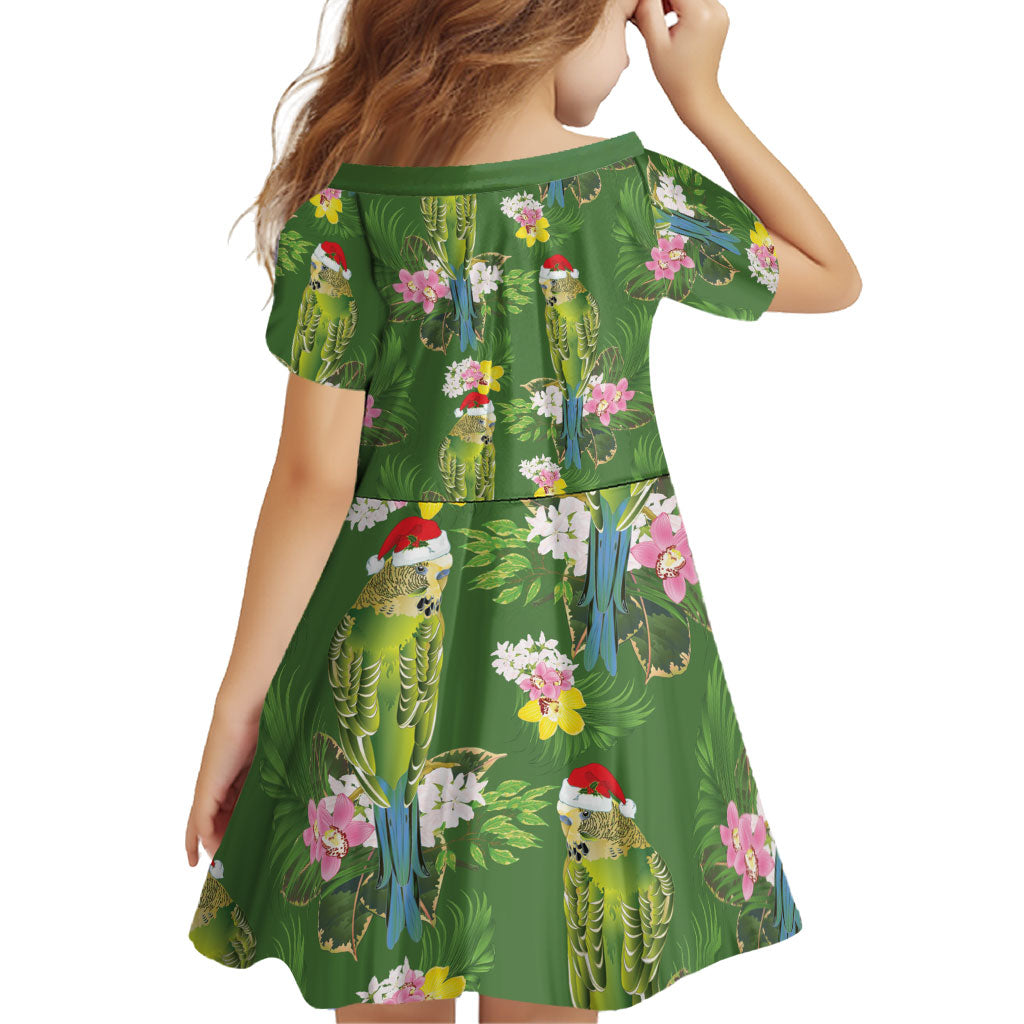 Aussie Santa Budgie Christmas Family Matching Long Sleeve Bodycon Dress and Hawaiian Shirt Green Parakeet Tropical Floral