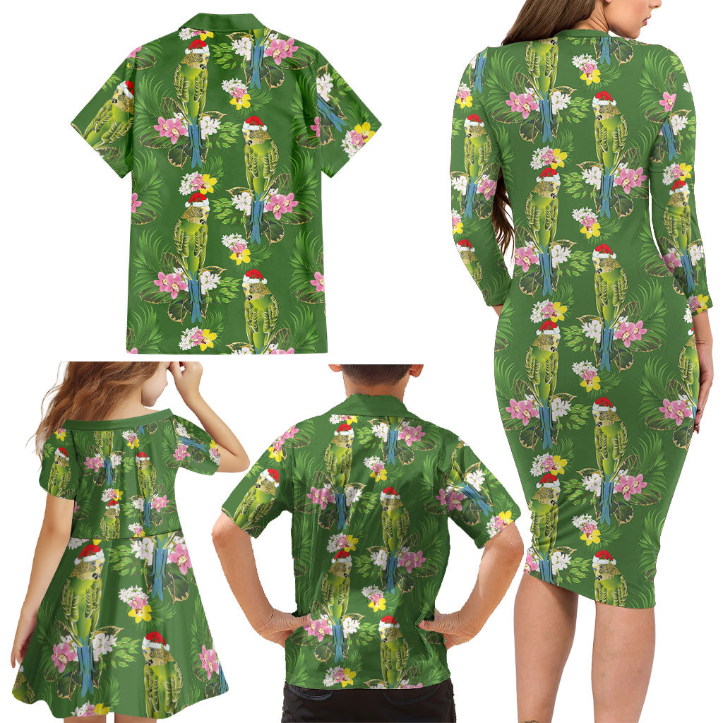 Aussie Santa Budgie Christmas Family Matching Long Sleeve Bodycon Dress and Hawaiian Shirt Green Parakeet Tropical Floral