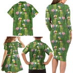 Aussie Santa Budgie Christmas Family Matching Long Sleeve Bodycon Dress and Hawaiian Shirt Green Parakeet Tropical Floral