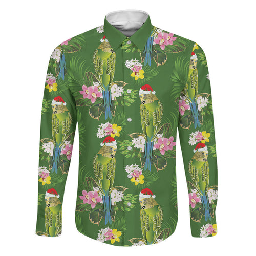 Aussie Santa Budgie Christmas Family Matching Long Sleeve Bodycon Dress and Hawaiian Shirt Green Parakeet Tropical Floral