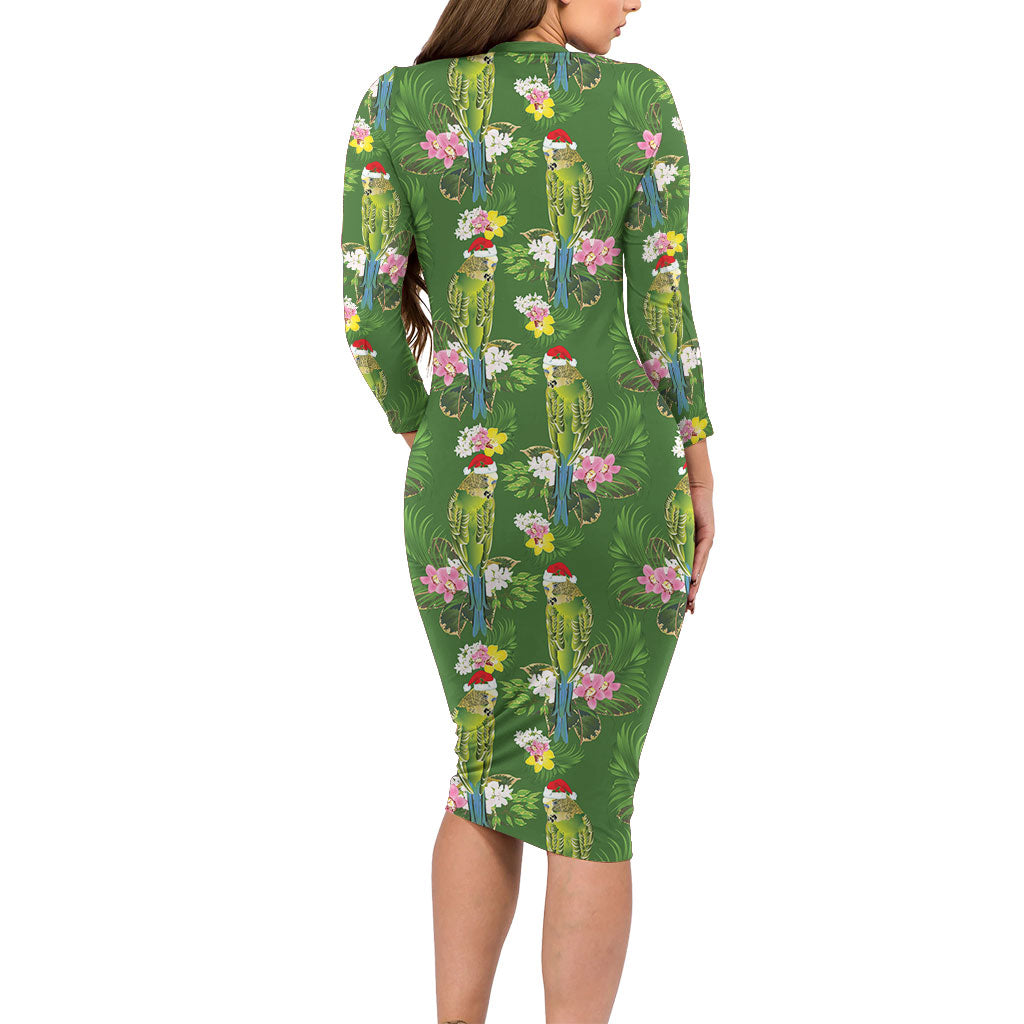 Aussie Santa Budgie Christmas Family Matching Long Sleeve Bodycon Dress and Hawaiian Shirt Green Parakeet Tropical Floral