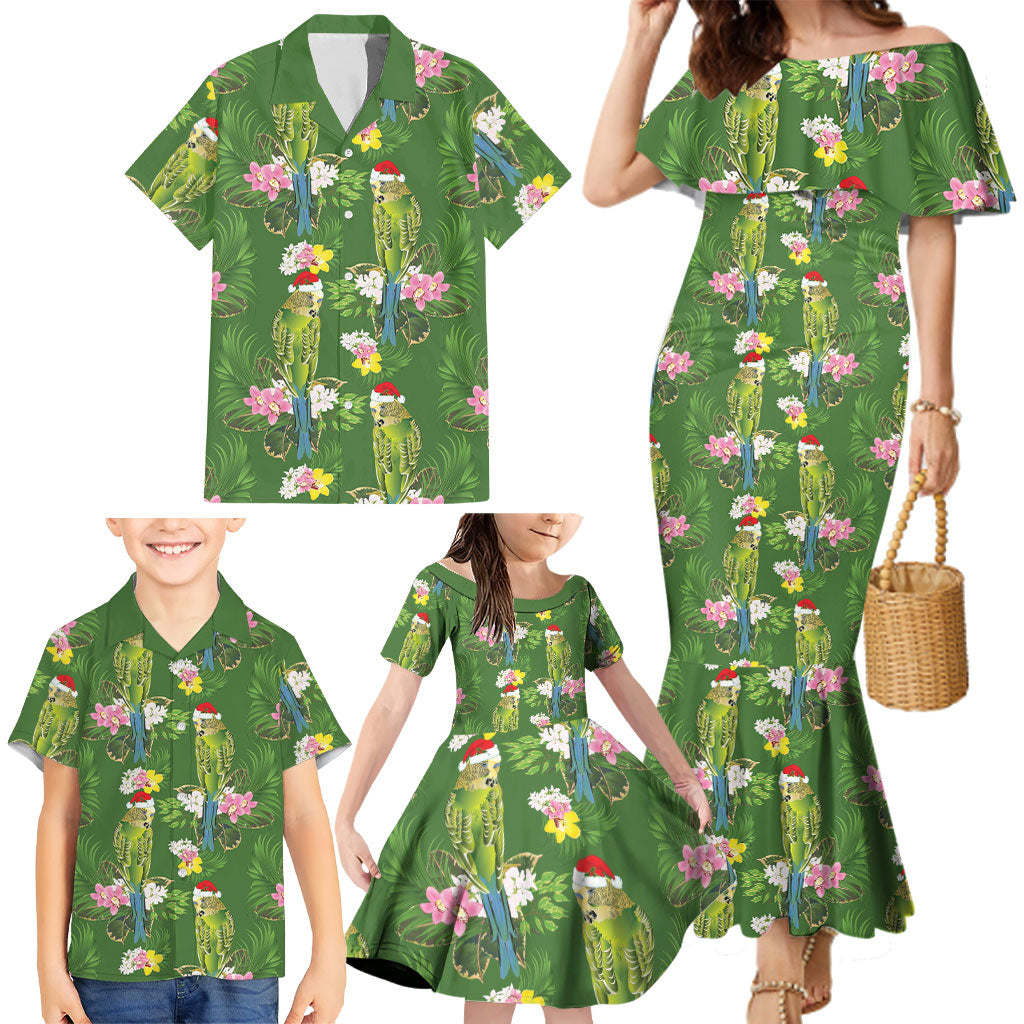 Aussie Santa Budgie Christmas Family Matching Mermaid Dress and Hawaiian Shirt Green Parakeet Tropical Floral