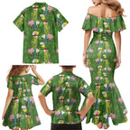 Aussie Santa Budgie Christmas Family Matching Mermaid Dress and Hawaiian Shirt Green Parakeet Tropical Floral