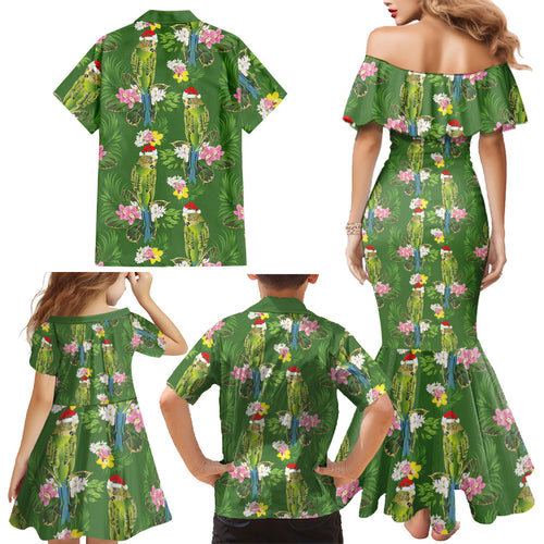 Aussie Santa Budgie Christmas Family Matching Mermaid Dress and Hawaiian Shirt Green Parakeet Tropical Floral