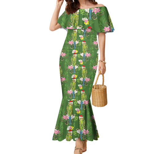 Aussie Santa Budgie Christmas Family Matching Mermaid Dress and Hawaiian Shirt Green Parakeet Tropical Floral