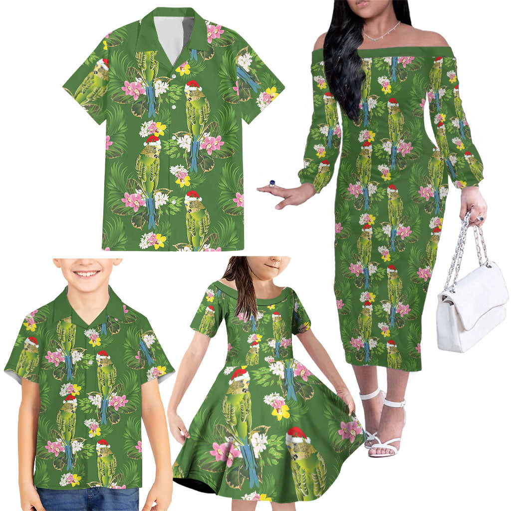 Aussie Santa Budgie Christmas Family Matching Off The Shoulder Long Sleeve Dress and Hawaiian Shirt Green Parakeet Tropical Floral