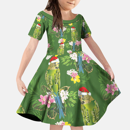 Aussie Santa Budgie Christmas Family Matching Off The Shoulder Long Sleeve Dress and Hawaiian Shirt Green Parakeet Tropical Floral