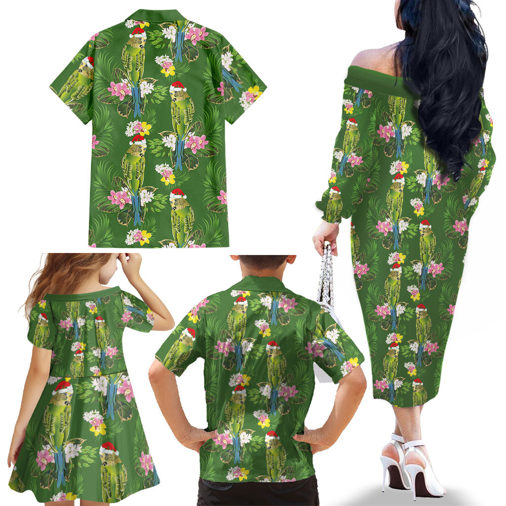 Aussie Santa Budgie Christmas Family Matching Off The Shoulder Long Sleeve Dress and Hawaiian Shirt Green Parakeet Tropical Floral