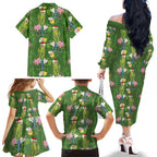 Aussie Santa Budgie Christmas Family Matching Off The Shoulder Long Sleeve Dress and Hawaiian Shirt Green Parakeet Tropical Floral