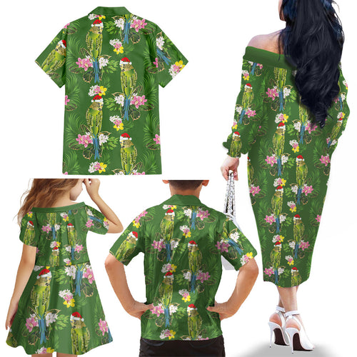 Aussie Santa Budgie Christmas Family Matching Off The Shoulder Long Sleeve Dress and Hawaiian Shirt Green Parakeet Tropical Floral