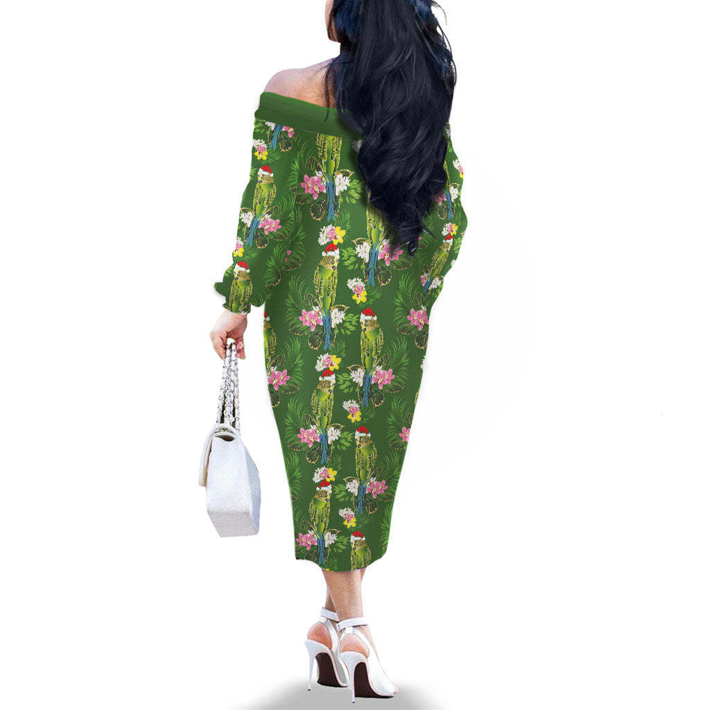 Aussie Santa Budgie Christmas Family Matching Off The Shoulder Long Sleeve Dress and Hawaiian Shirt Green Parakeet Tropical Floral