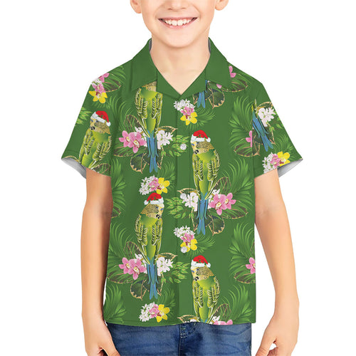 Aussie Santa Budgie Christmas Family Matching Off The Shoulder Long Sleeve Dress and Hawaiian Shirt Green Parakeet Tropical Floral