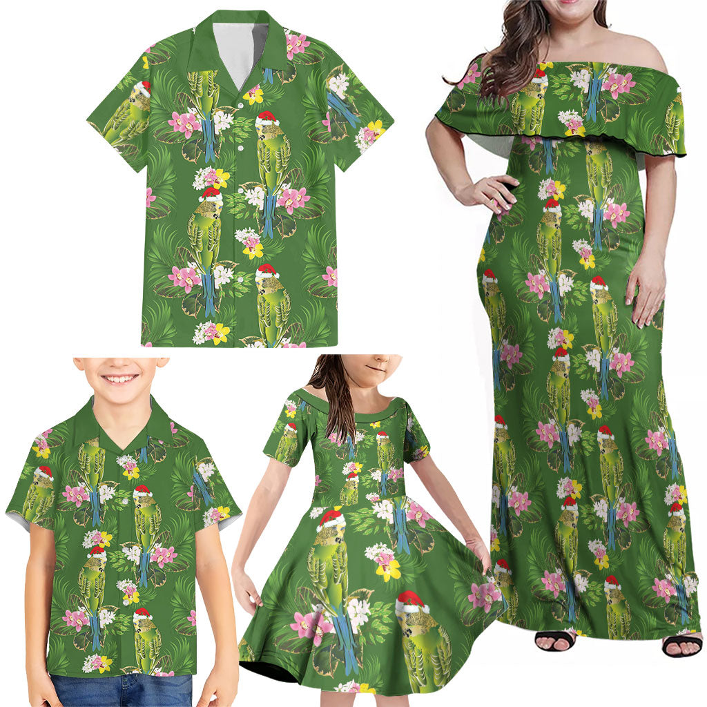 Aussie Santa Budgie Christmas Family Matching Off Shoulder Maxi Dress and Hawaiian Shirt Green Parakeet Tropical Floral