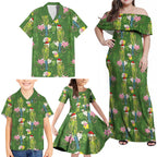 Aussie Santa Budgie Christmas Family Matching Off Shoulder Maxi Dress and Hawaiian Shirt Green Parakeet Tropical Floral