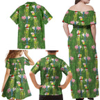 Aussie Santa Budgie Christmas Family Matching Off Shoulder Maxi Dress and Hawaiian Shirt Green Parakeet Tropical Floral