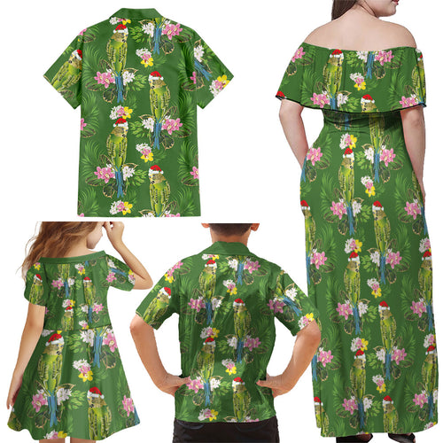 Aussie Santa Budgie Christmas Family Matching Off Shoulder Maxi Dress and Hawaiian Shirt Green Parakeet Tropical Floral