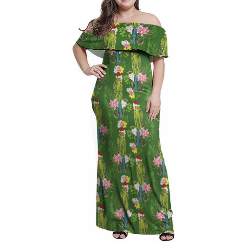 Aussie Santa Budgie Christmas Family Matching Off Shoulder Maxi Dress and Hawaiian Shirt Green Parakeet Tropical Floral