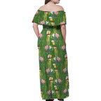 Aussie Santa Budgie Christmas Family Matching Off Shoulder Maxi Dress and Hawaiian Shirt Green Parakeet Tropical Floral