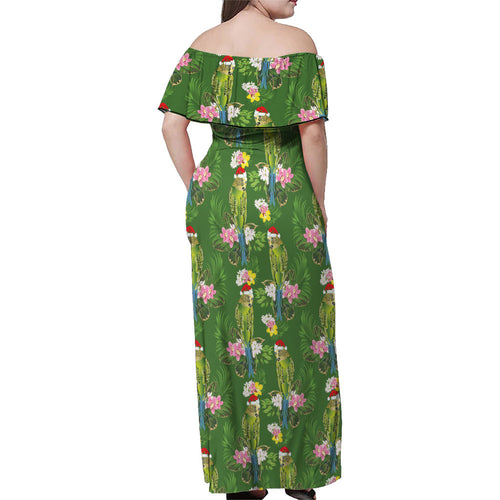 Aussie Santa Budgie Christmas Family Matching Off Shoulder Maxi Dress and Hawaiian Shirt Green Parakeet Tropical Floral