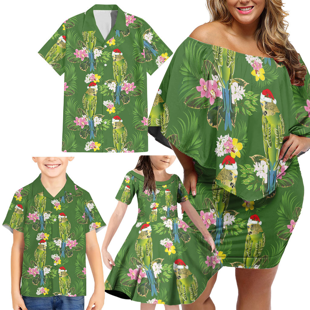 Aussie Santa Budgie Christmas Family Matching Off Shoulder Short Dress and Hawaiian Shirt Green Parakeet Tropical Floral