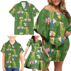 Aussie Santa Budgie Christmas Family Matching Off Shoulder Short Dress and Hawaiian Shirt Green Parakeet Tropical Floral