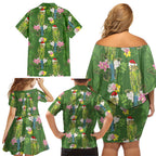Aussie Santa Budgie Christmas Family Matching Off Shoulder Short Dress and Hawaiian Shirt Green Parakeet Tropical Floral