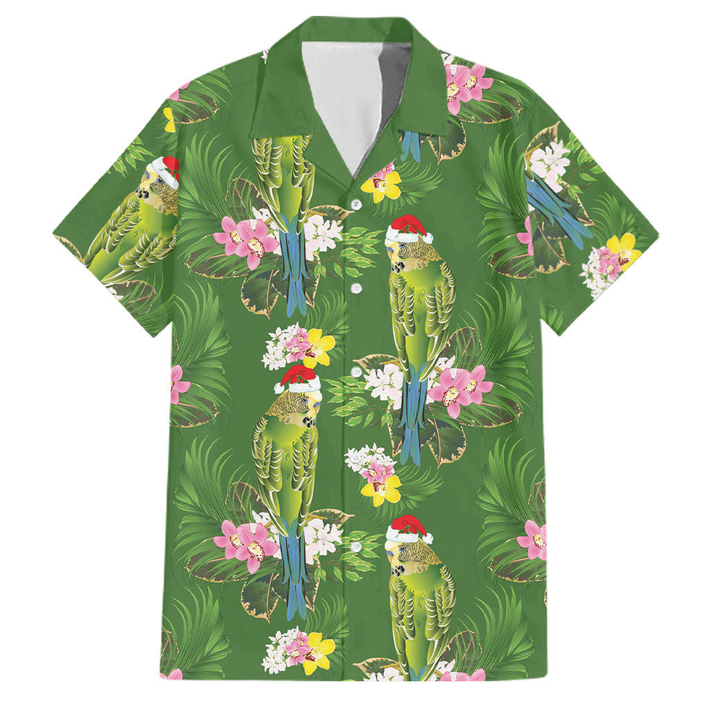 Aussie Santa Budgie Christmas Family Matching Off Shoulder Short Dress and Hawaiian Shirt Green Parakeet Tropical Floral
