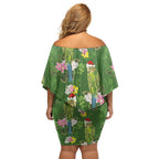 Aussie Santa Budgie Christmas Family Matching Off Shoulder Short Dress and Hawaiian Shirt Green Parakeet Tropical Floral