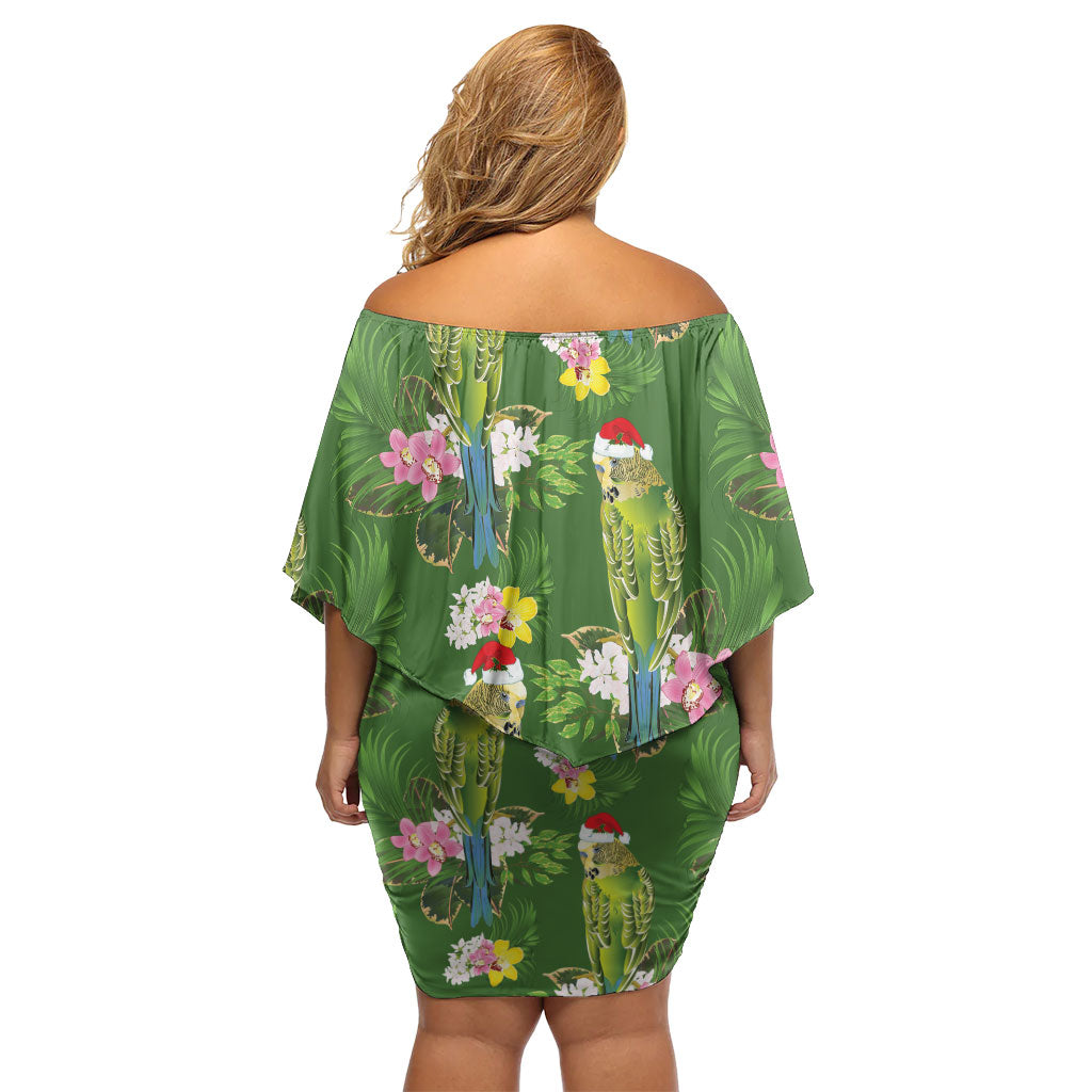 Aussie Santa Budgie Christmas Family Matching Off Shoulder Short Dress and Hawaiian Shirt Green Parakeet Tropical Floral