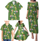 Aussie Santa Budgie Christmas Family Matching Puletasi and Hawaiian Shirt Green Parakeet Tropical Floral