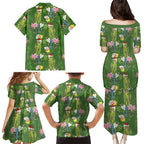 Aussie Santa Budgie Christmas Family Matching Puletasi and Hawaiian Shirt Green Parakeet Tropical Floral