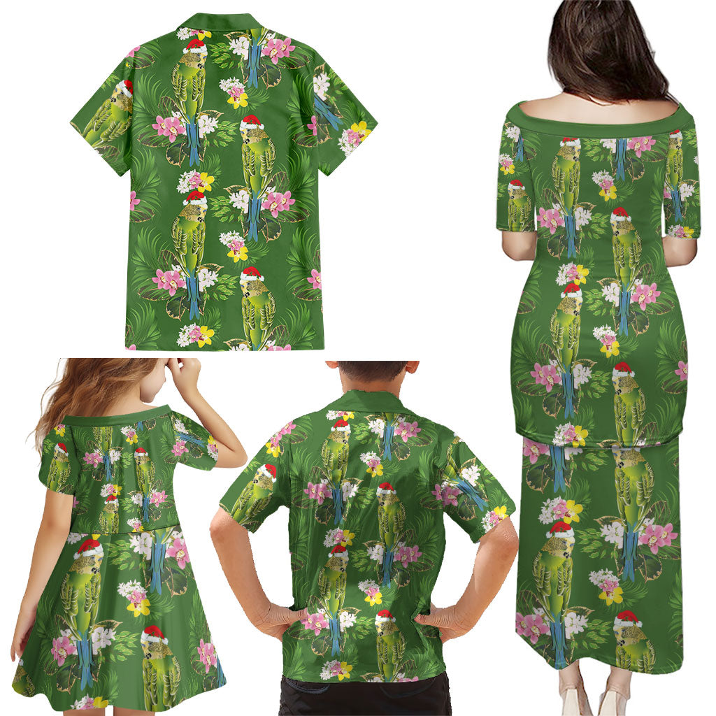 Aussie Santa Budgie Christmas Family Matching Puletasi and Hawaiian Shirt Green Parakeet Tropical Floral