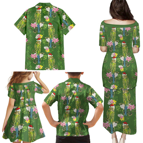 Aussie Santa Budgie Christmas Family Matching Puletasi and Hawaiian Shirt Green Parakeet Tropical Floral